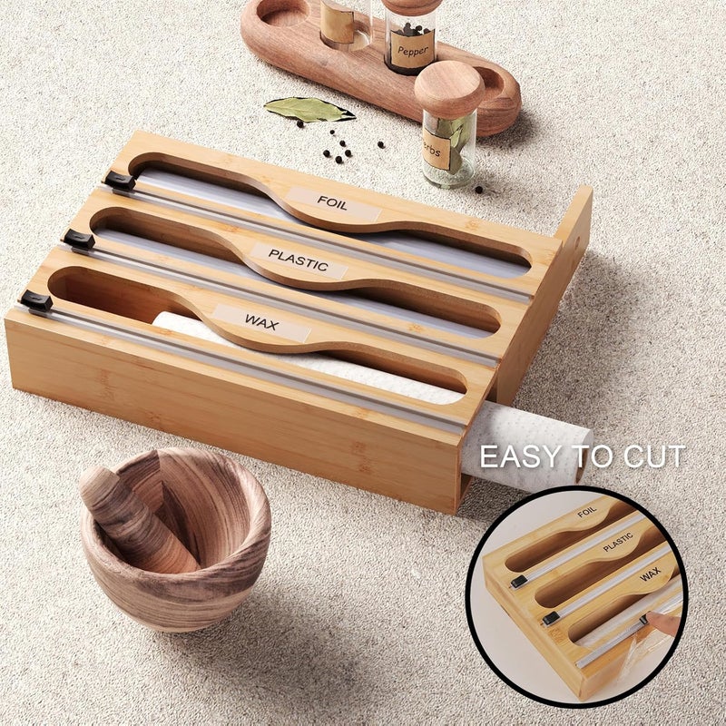 Danfoxer Wrap Dispenser with Cutter and Labels, Plastic Wrap Organizer For Kitchen,Bamboo 3-in-1 Wrap Dispensers for Cling Wrap Aluminum Foil and Wax,Storage Organization Holder（Natural） - Image 3